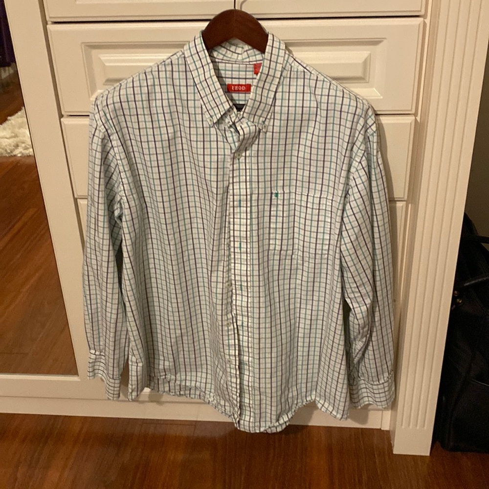 IZOD, mens button down shirt-XL -green/black plaid